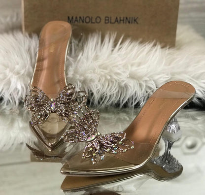 Jimmy Choo Transparent Butterfly Heels – With Brand Box (Golden)