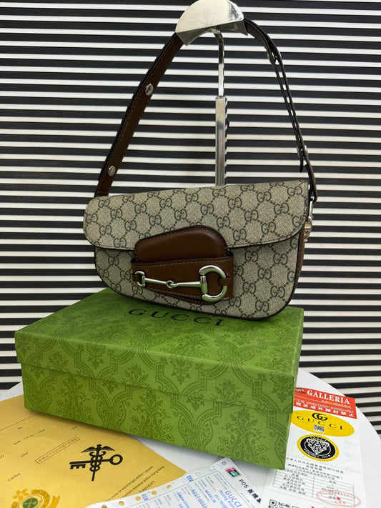 Gucci Horsebit 1955 Monogram Small Shoulder Bag (Beige-Brown)