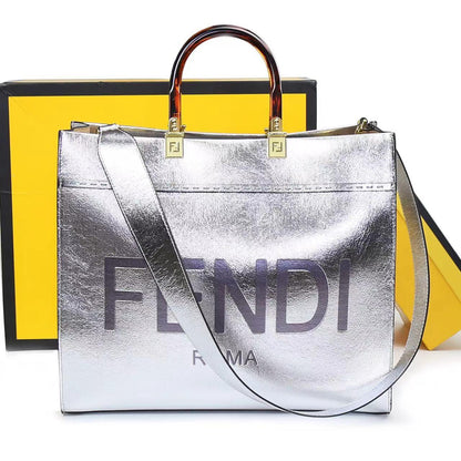 F-E-N-D-I Inspired Sunshine Tote – Premium Women Bag (Straw & Leather){silver}