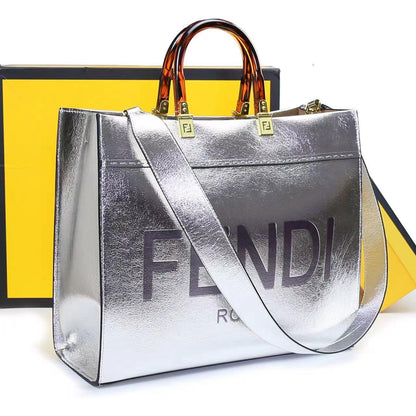 F-E-N-D-I Inspired Sunshine Tote – Premium Women Bag (Straw & Leather){silver}