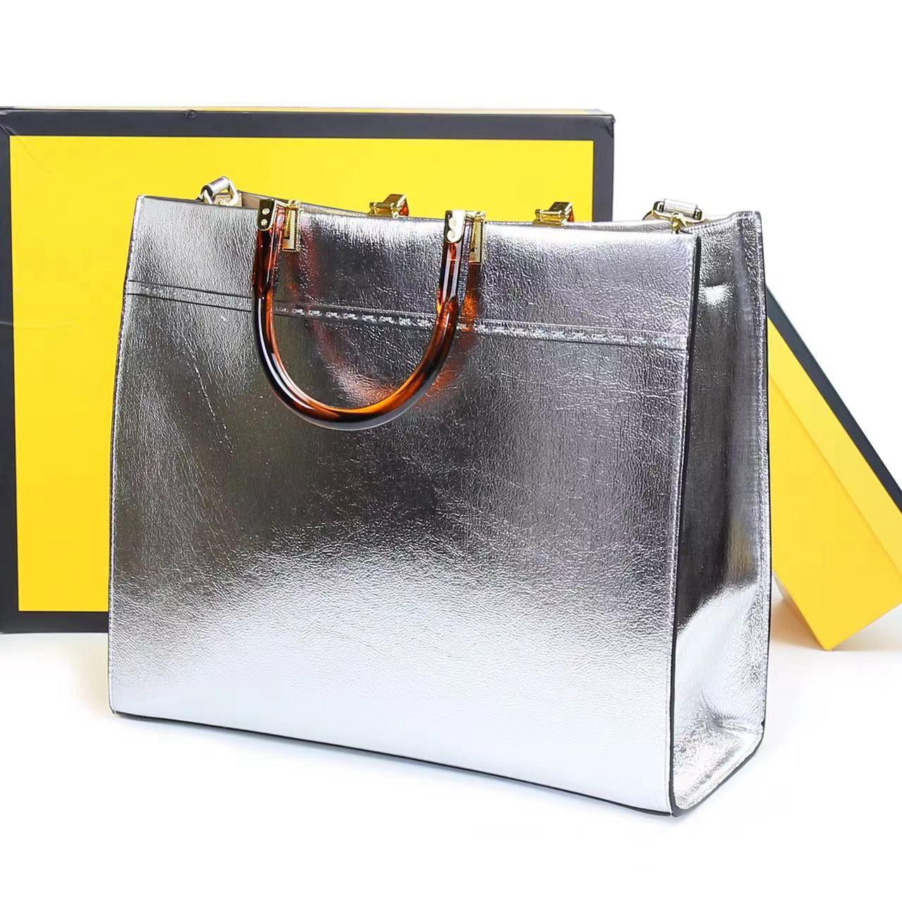 F-E-N-D-I Inspired Sunshine Tote – Premium Women Bag (Straw & Leather){silver}