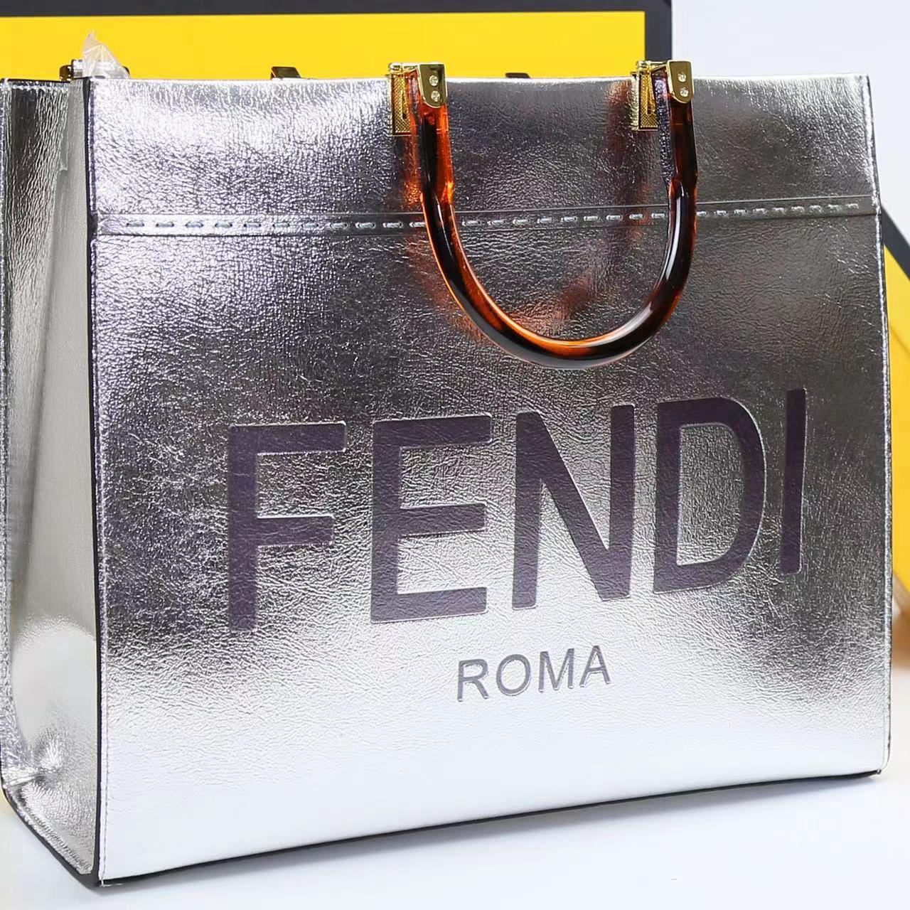F-E-N-D-I Inspired Sunshine Tote – Premium Women Bag (Straw & Leather){silver}