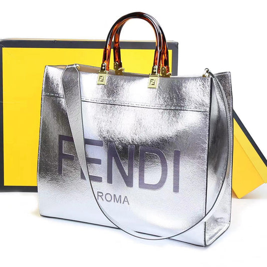 F-E-N-D-I Inspired Sunshine Tote – Premium Women Bag (Straw & Leather){silver}