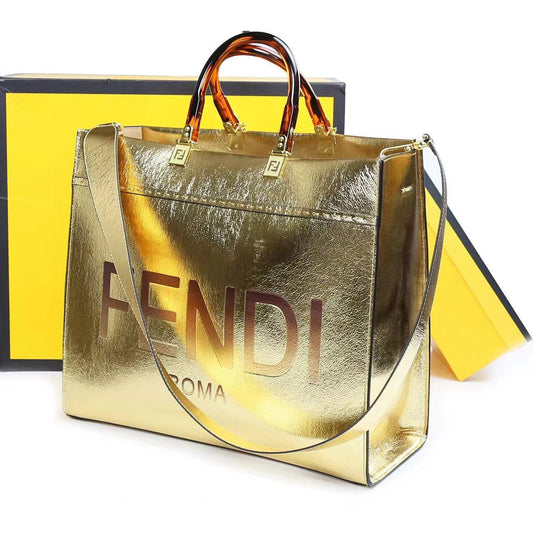F-E-N-D-I-Inspired Tote Sunshine – Luxury Women Bag (Straw & Leather){Golden}