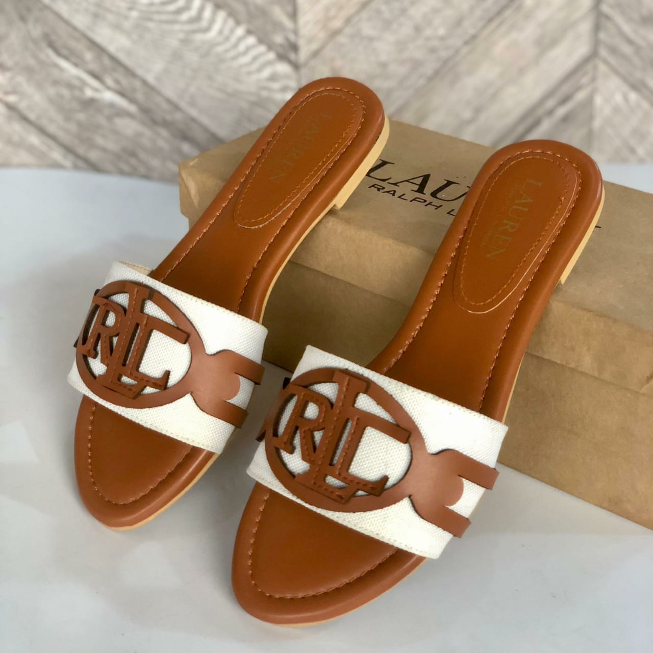 RALPH LAUREN-Inspired Flat Slippers – Elegant Women Footwear with Brand Box(Brown)