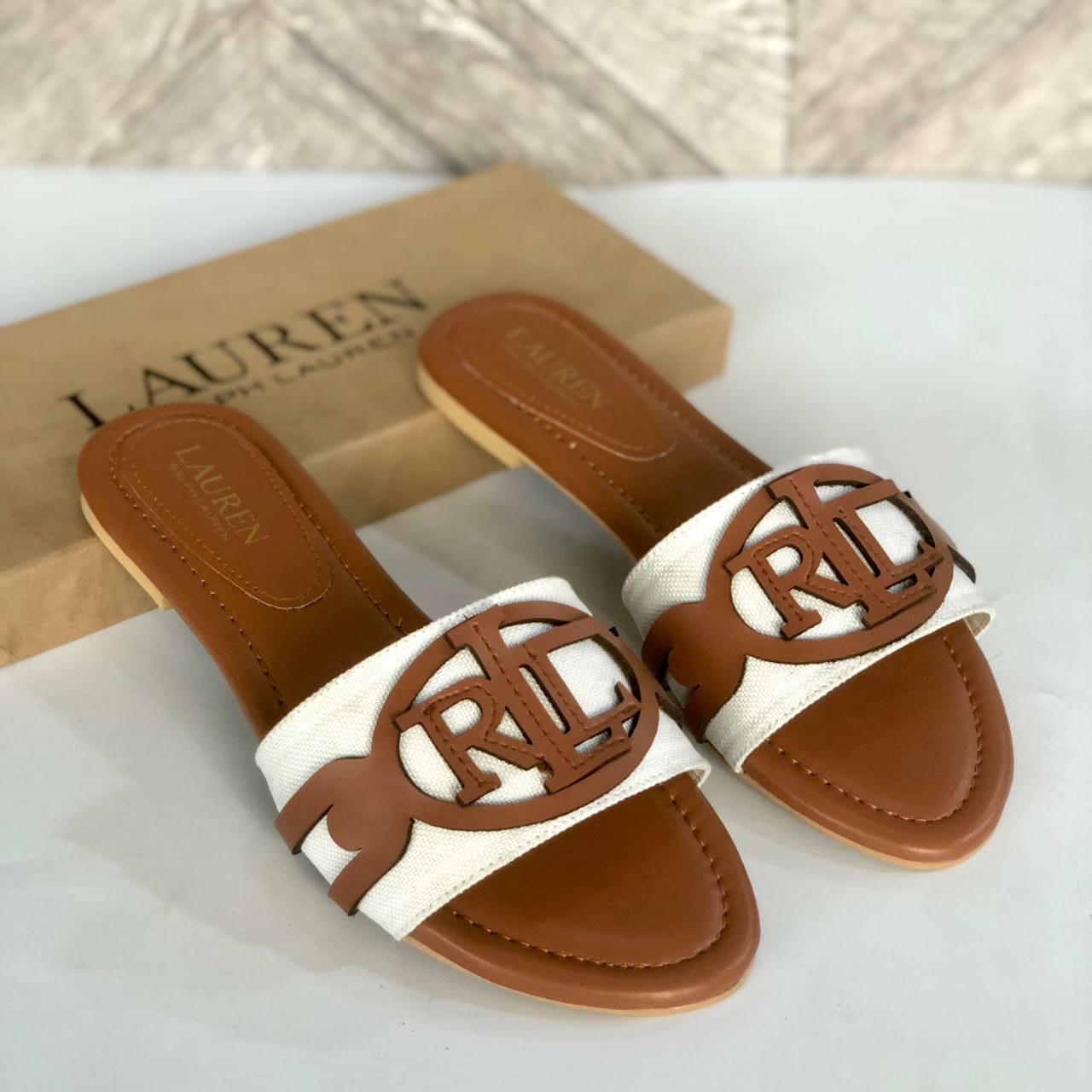 RALPH LAUREN-Inspired Flat Slippers – Elegant Women Footwear with Brand Box(Brown)