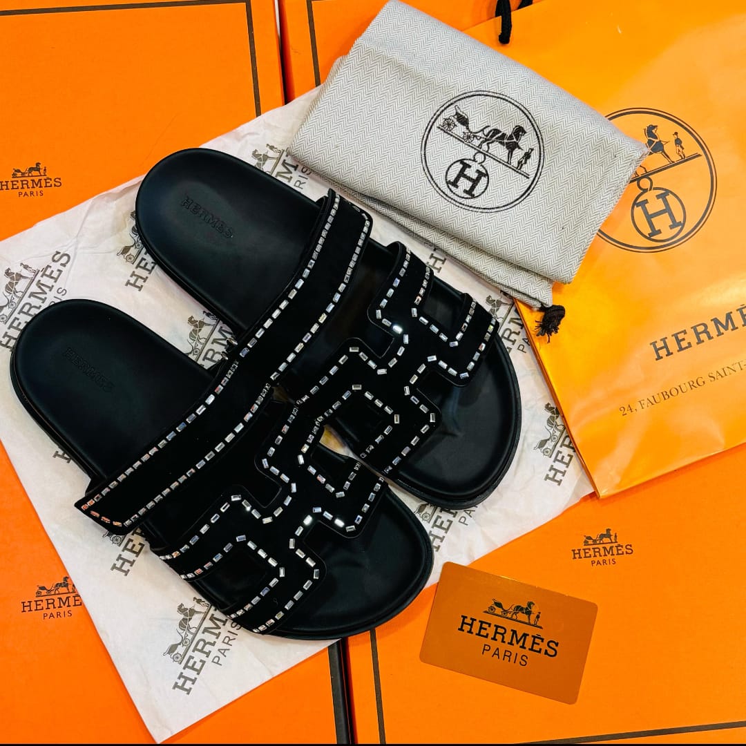 H-E-R-M-È-S Luxury Chypre-Inspired Stone Embellished Sandals – Premium Women Footwear (Black)