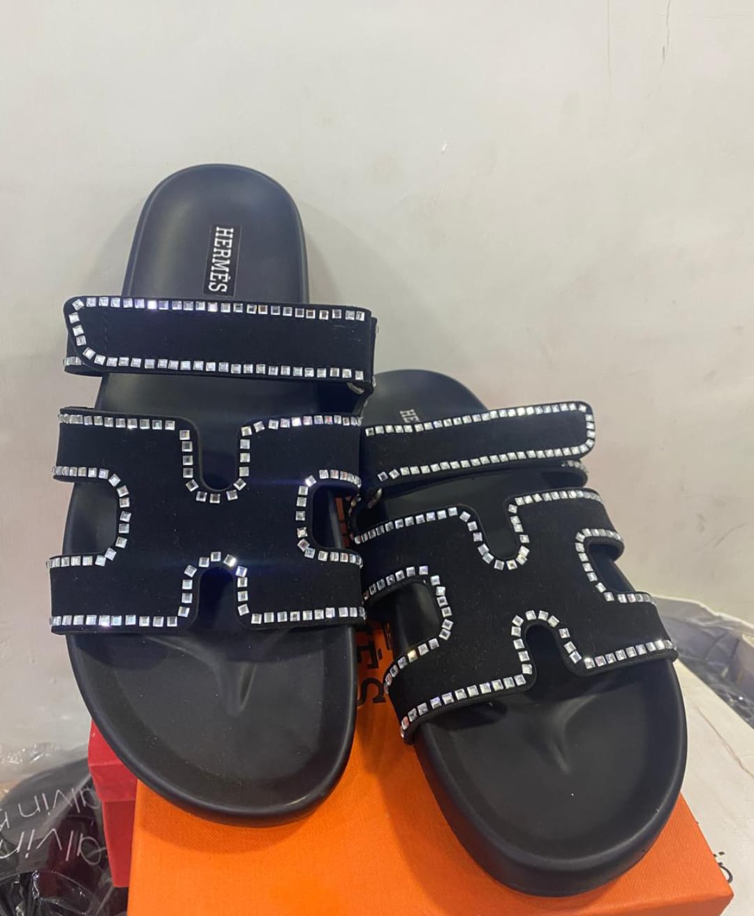 H-E-R-M-È-S Luxury Chypre-Inspired Stone Embellished Sandals – Premium Women Footwear (Black)