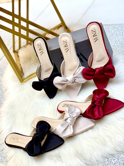 ZARA Big Bow Flat Slippers – Elegant Women Footwear with Brand Box (Off White)