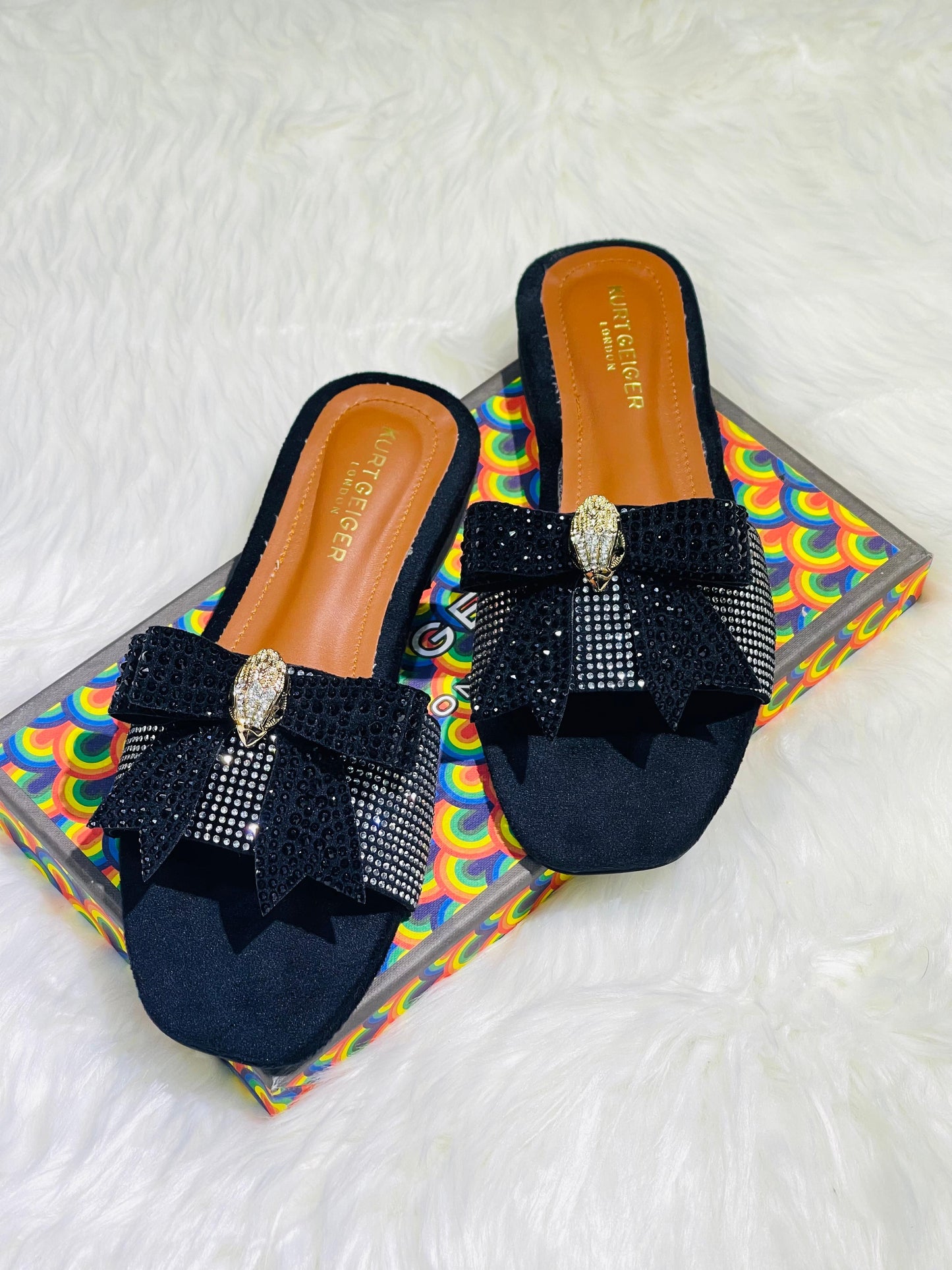 Kurt Geiger-Inspired Stone Flat Bow Slippers | Premium Women Footwear with Brand Box(Black)