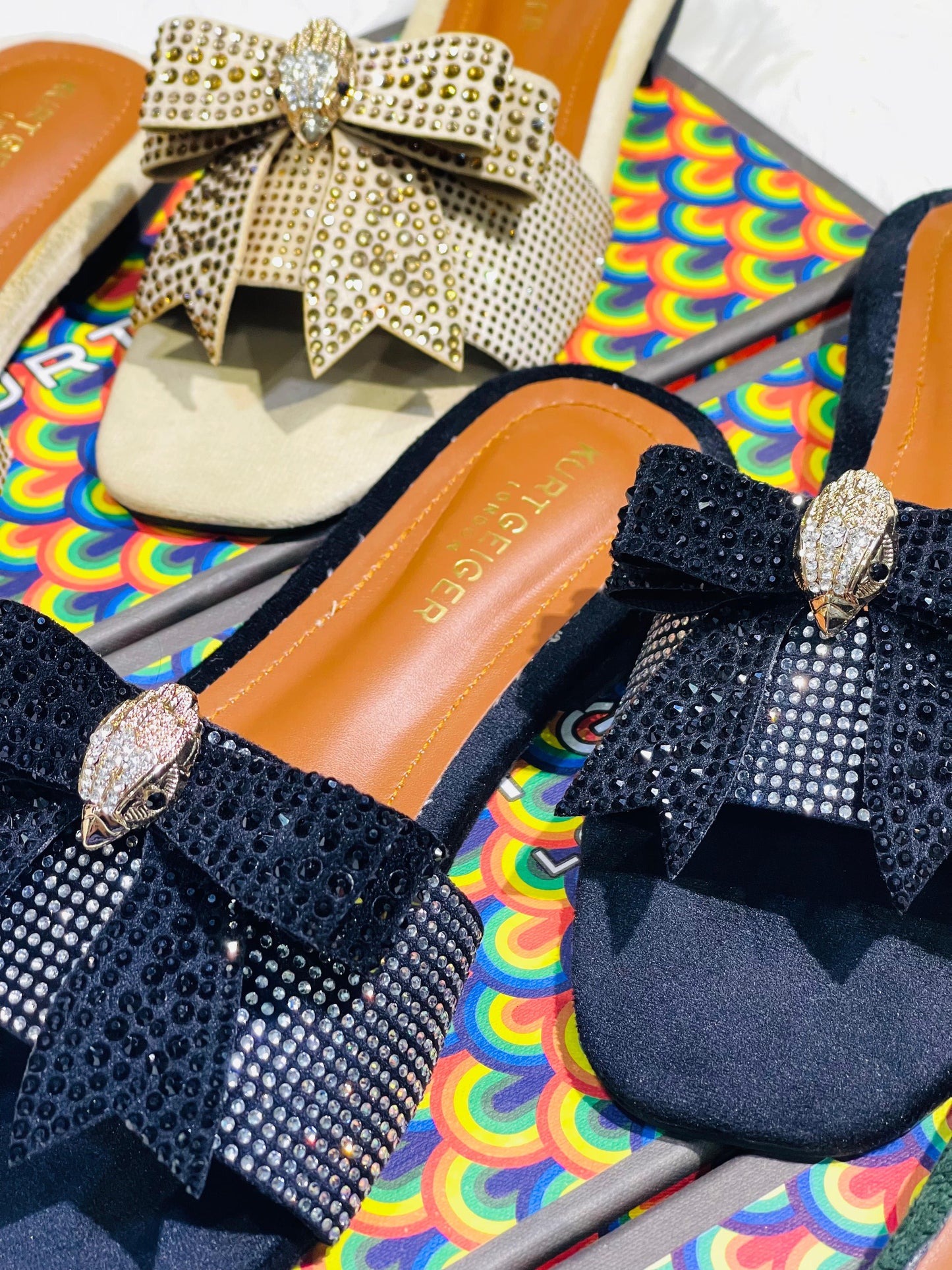 Kurt Geiger-Inspired Stone Flat Bow Slippers | Premium Women Footwear with Brand Box(Black)