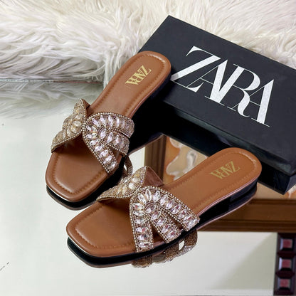 ZARA – Fancy Flat Slippers (Brown)