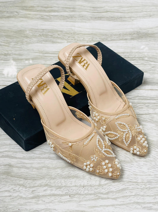 ZARA Embroidered Net Pumps for Women (Beige)