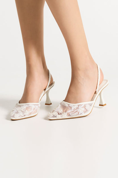 ZARA Embroidered Net Pumps for Women (White)