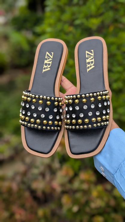 ZARA Pearl & Diamond Sliders – Premium Quality with Branded Box (Black)