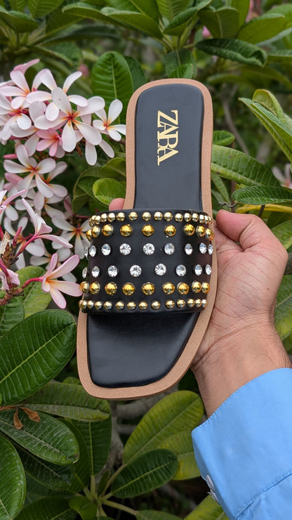 ZARA Pearl & Diamond Sliders – Premium Quality with Branded Box (Black)