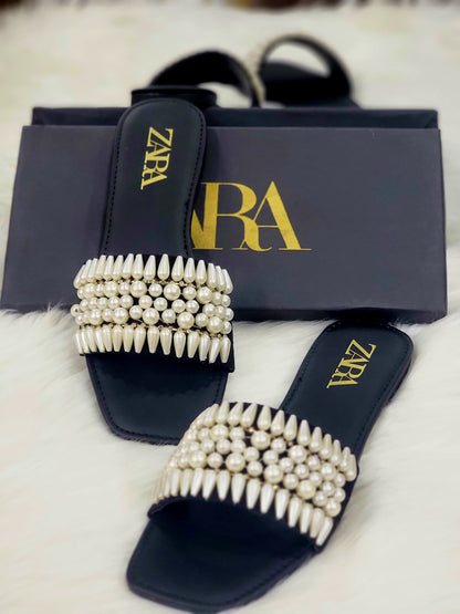 Zara Pearls Women Slippers – Best Quality with Elegant Design(Black)