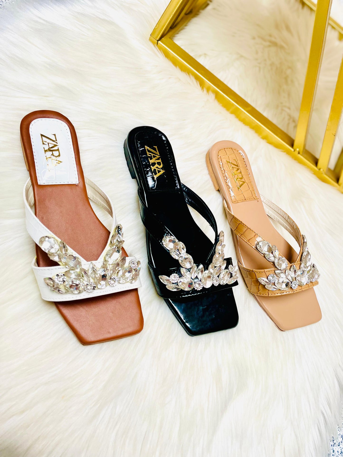 ZARA STONE FLAT SLIPPERS – Women Footwear(Beige)