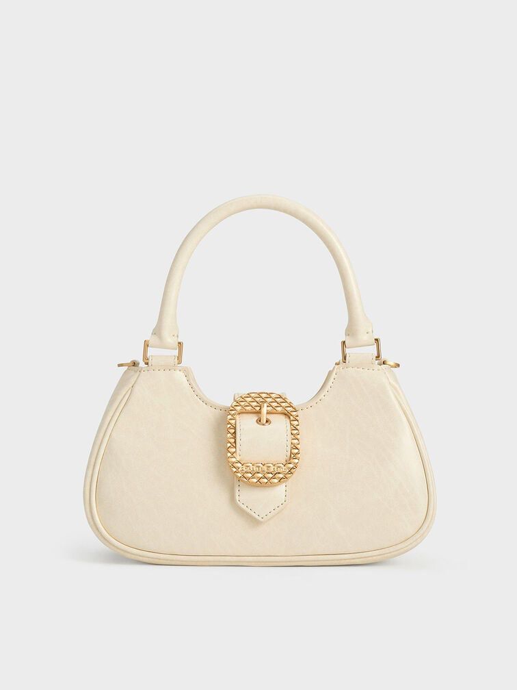 CHARLES & KEITH Avis Belted Top Handle – Women Bag (Faux Shearling) (White)