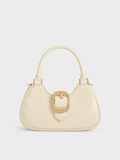CHARLES & KEITH Avis Belted Top Handle – Women Bag (Faux Shearling) (White)