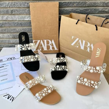 ZARA Women Slippers – With Brand Box (White/Brown)