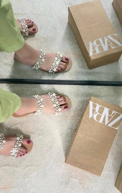 ZARA Women Slippers – With Brand Box (White/Brown)
