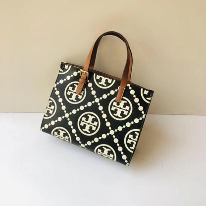 TORY BURCH Small T Monogram Tote – Women Bag (Leather) (Black)