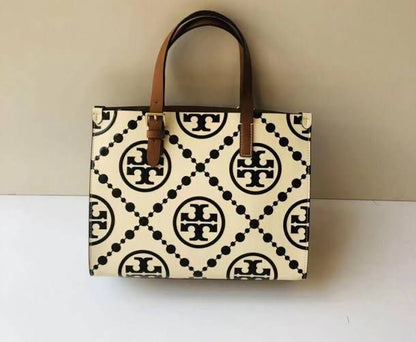 TORY BURCH Small T Monogram Tote – Women Bag (Leather) (White)
