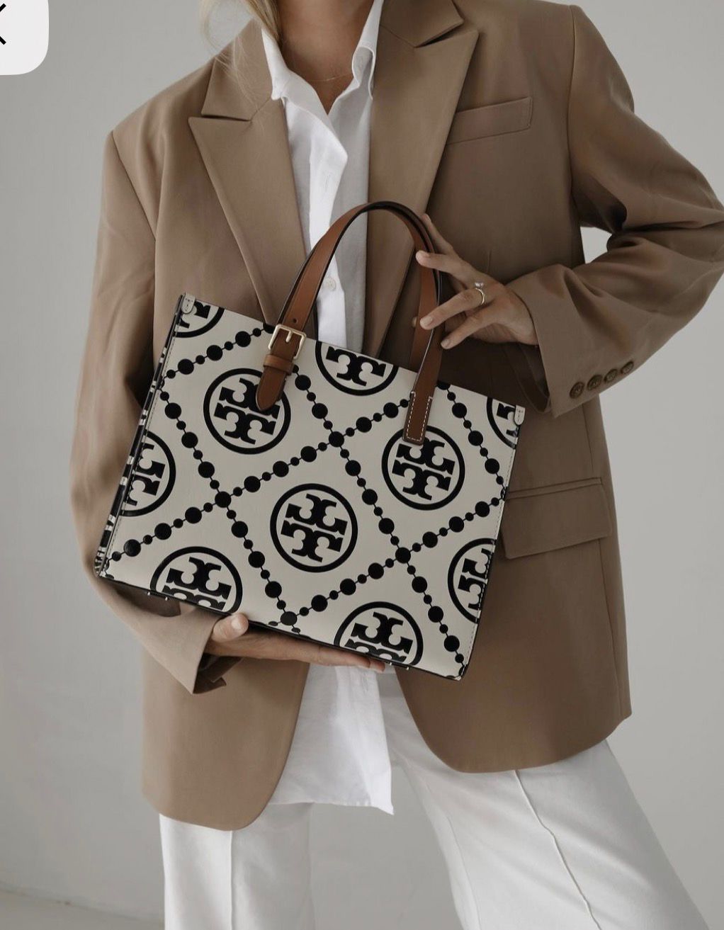 TORY BURCH Small T Monogram Tote – Women Bag (Leather) (White)