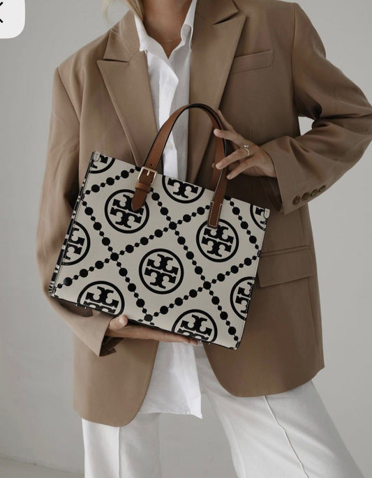 TORY BURCH Small T Monogram Tote – Women Bag (Leather) (White)