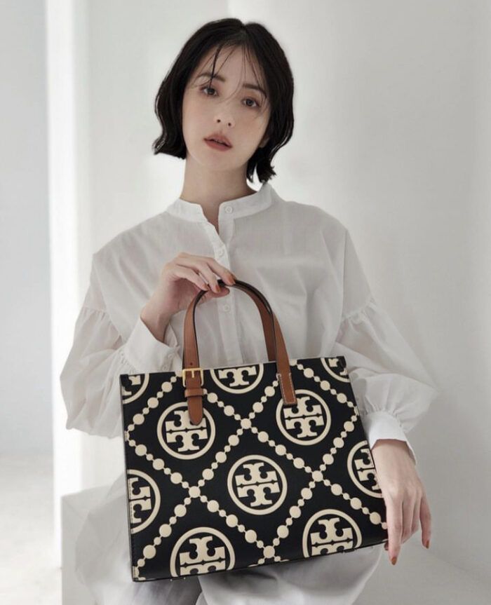 TORY BURCH Small T Monogram Tote – Women Bag (Leather) (Black)