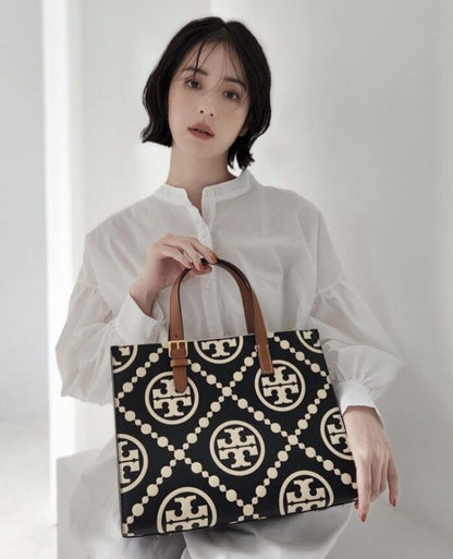 TORY BURCH Small T Monogram Tote – Women Bag (Leather) (Black)