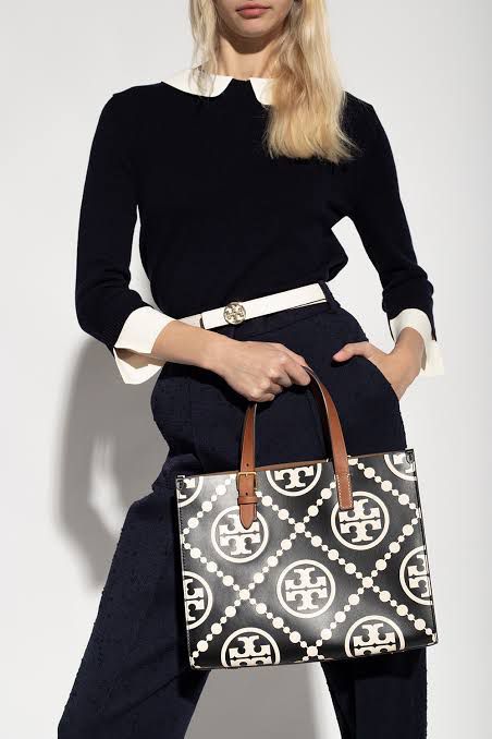 TORY BURCH Small T Monogram Tote – Women Bag (Leather) (Black)