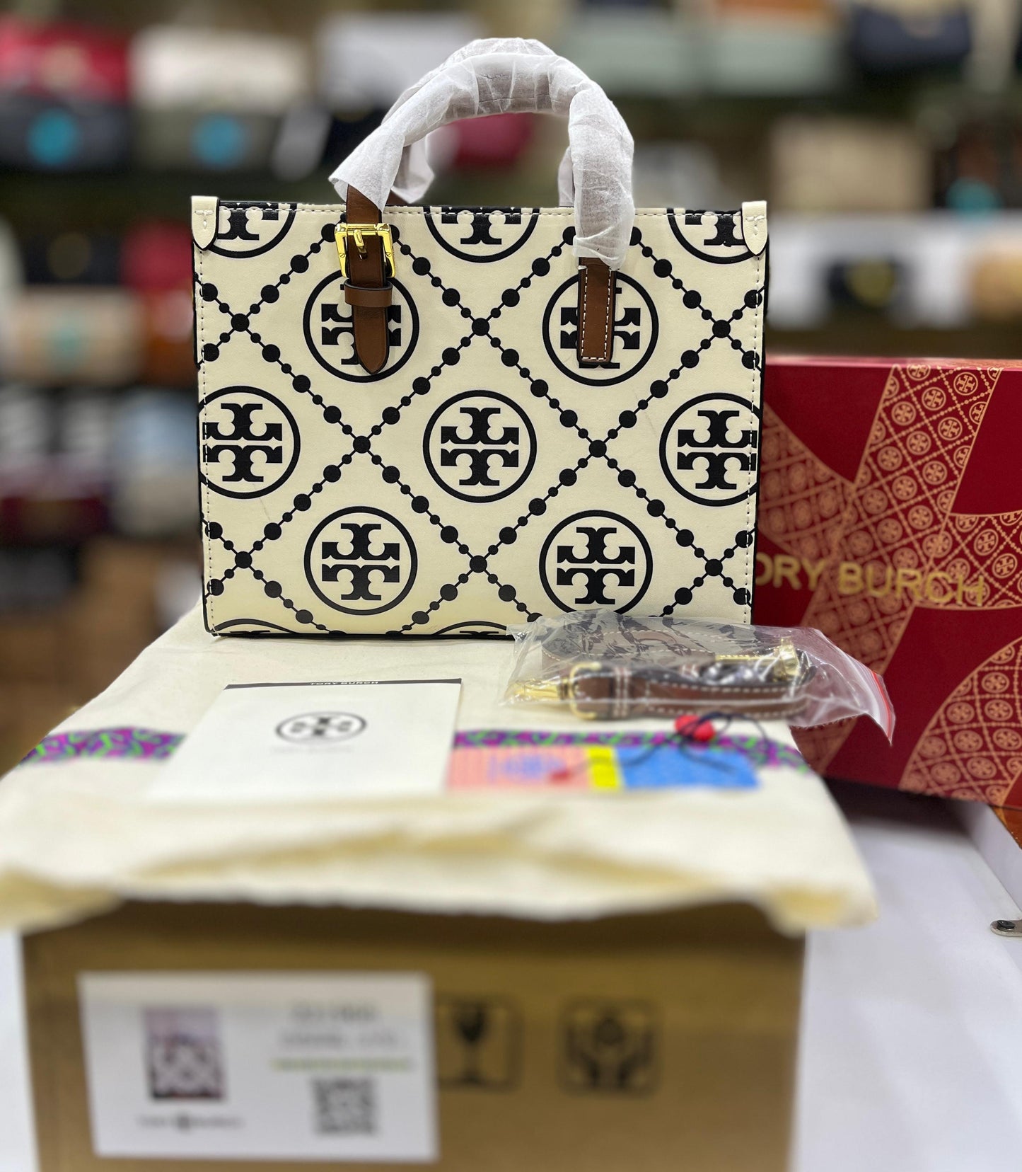 TORY BURCH Small T Monogram Tote – Women Bag (Leather) (White)