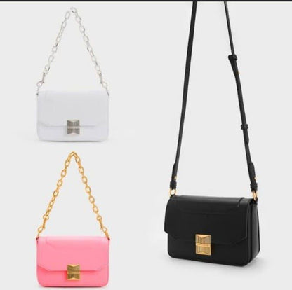 CHARLES &amp; KEITH Women Bag – Belted Design with Push-Lock Closure (Black)