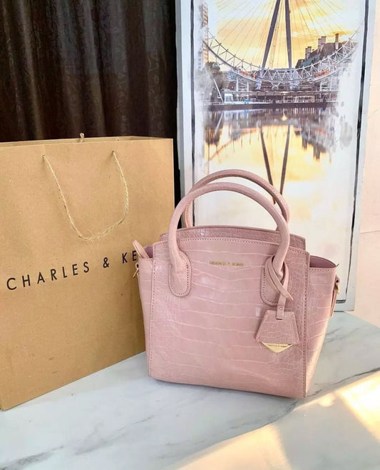 Charles & Keith – Croc-Effect Structured Top Handle Bag (Pink)