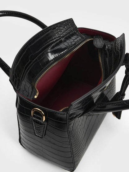 Charles & Keith – Croc-Effect Structured Top Handle Bag (Black)