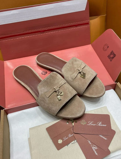 LORO PIANA SUMMER CHARMS – Women Suede Slides (Beige)