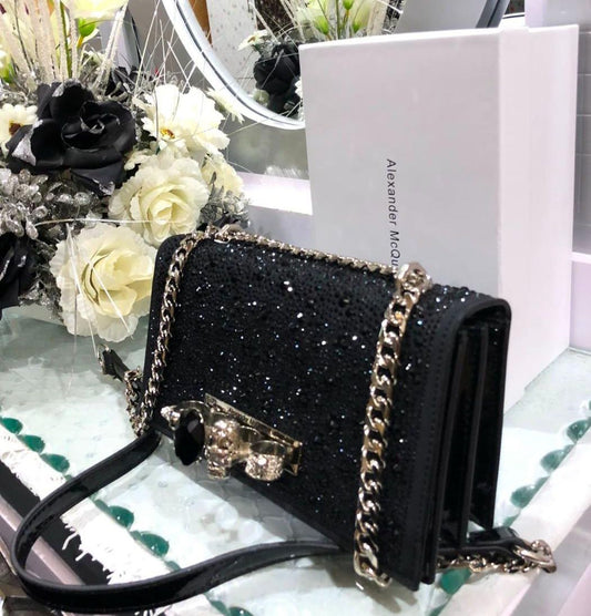 ALEXANDER MCQUEEN CRYSTAL-EMBELLISHED MINI JEWELLED SATCHEL – Women Bag (Black)