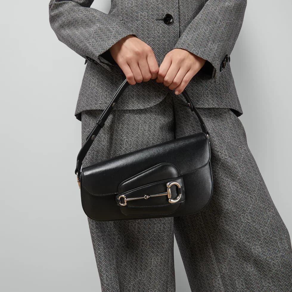 GUCCI – Horsebit 1955 Monogrammed Small Women Shoulder Bag (Black)