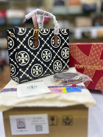 Tory Burch Mini T Monogram Tote – Women Bag (Premium Leather Edition) (Black)