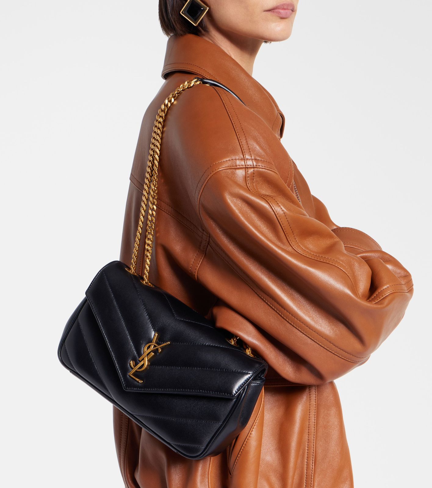 Saint Laurent Loulou Chain Bag – Women Bag in Soft Lambskin (Chevron Quilted Design) (Black-Gold))