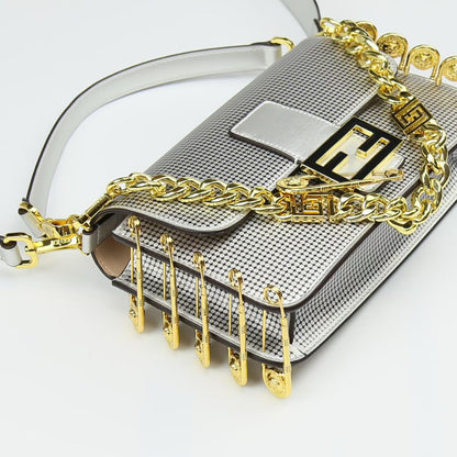 Fendi Women Bag – Premium Leather with Long Chain & Belt (Same as Original) (Silver)