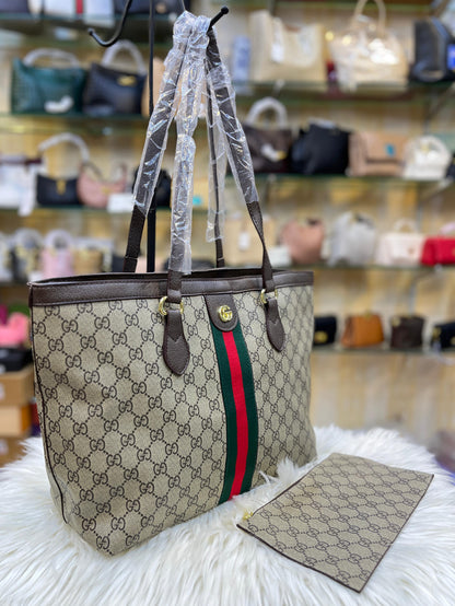 GUCCI OPHIDIA LARGE TOTE – Women Bag | GG Supreme Canvas & Leather Trim (Chocolate Beige)