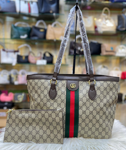 GUCCI OPHIDIA LARGE TOTE – Women Bag | GG Supreme Canvas & Leather Trim (Chocolate Beige)