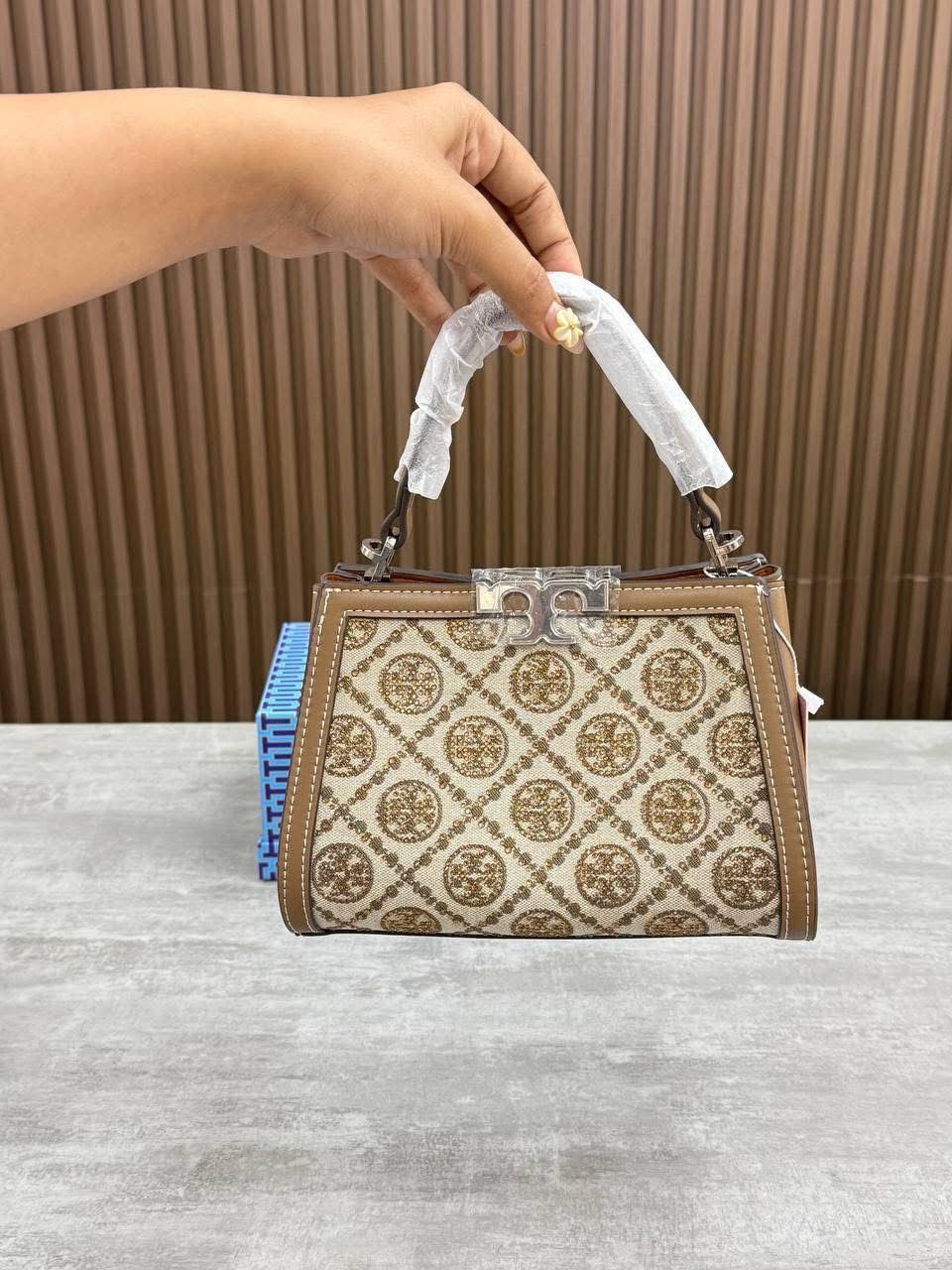 TORY BURCH Women Bag – T Monogram Studded Jacquard | Premium Quality (Beige)