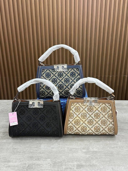 TORY BURCH Women Bag – T Monogram Studded Jacquard | Premium Quality (Beige)