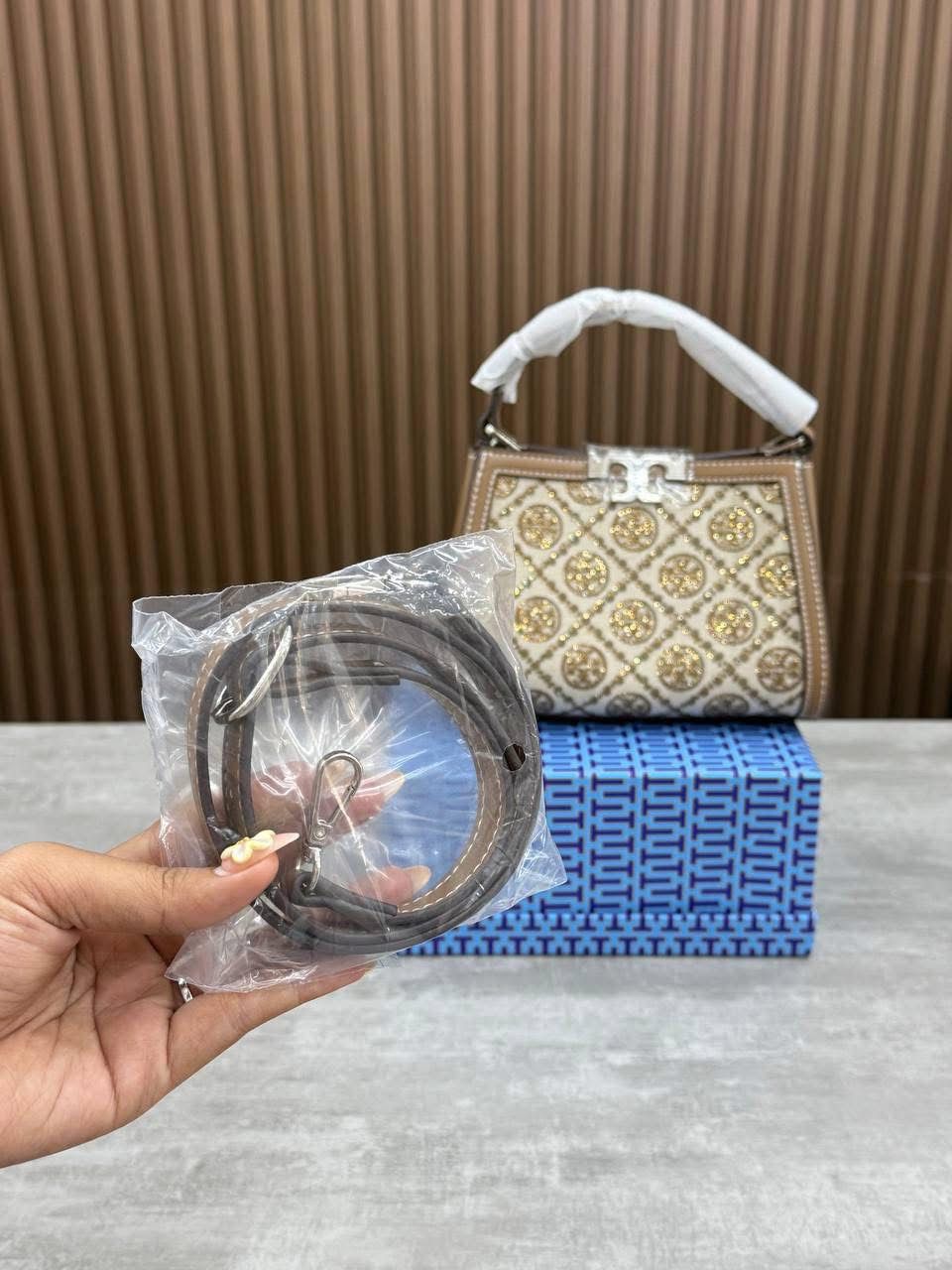 TORY BURCH Women Bag – T Monogram Studded Jacquard | Premium Quality (Beige)
