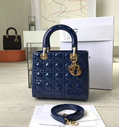 CHRISTIAN DIOR Women Bag – Lady Dior Cannage Patent Leather | Premium Quality (Blue)
