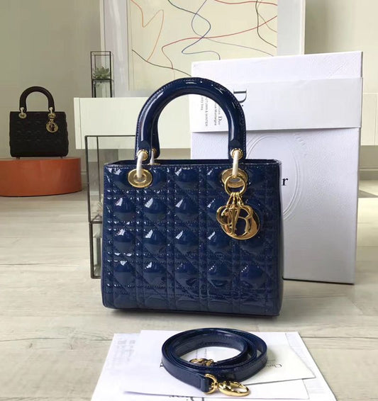 CHRISTIAN DIOR Women Bag – Lady Dior Cannage Patent Leather | Premium Quality (Blue)